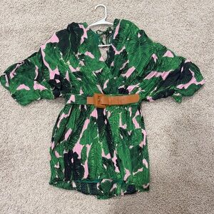 Tropical Leaf Print jumpsuit with Brown Belt